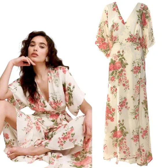 RARE‎ REFORMATION MAXI FLORAL PINK CREAM KIMONO SLEEVES WRAP DRESS XL EUC - Picture 2 of 4
